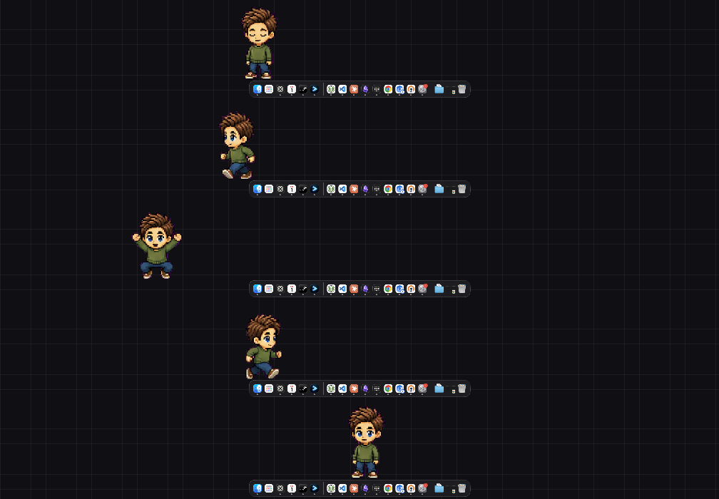 Five frames of the pet: idle, running left, mid-jump, running right, and settled